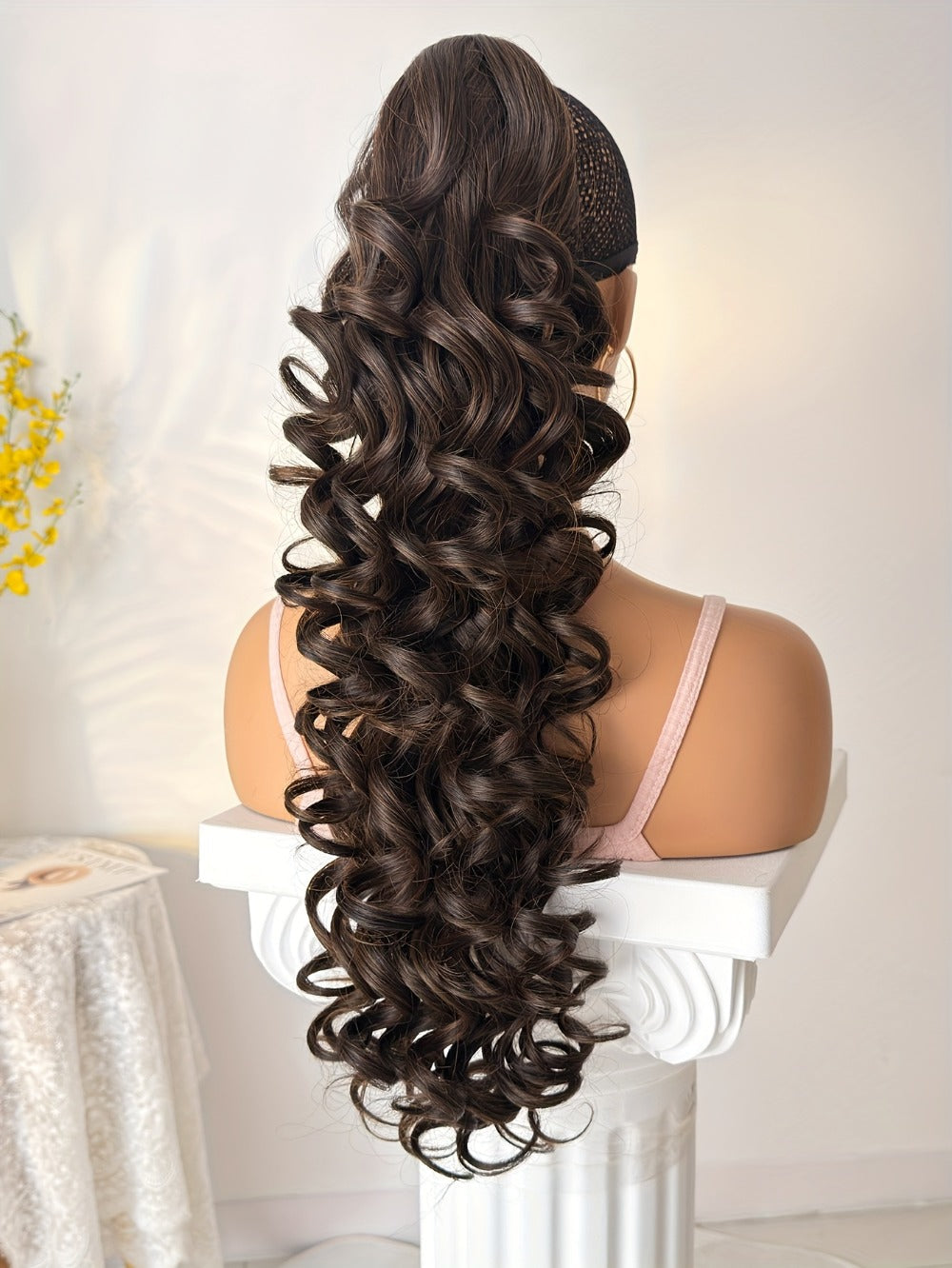 Curly Ponytail Extension 28 Inch Long Heat Resistant Synthetic Clip In Wrap Around Hairpiece Voluminous Bouncy Curls 4 Styles