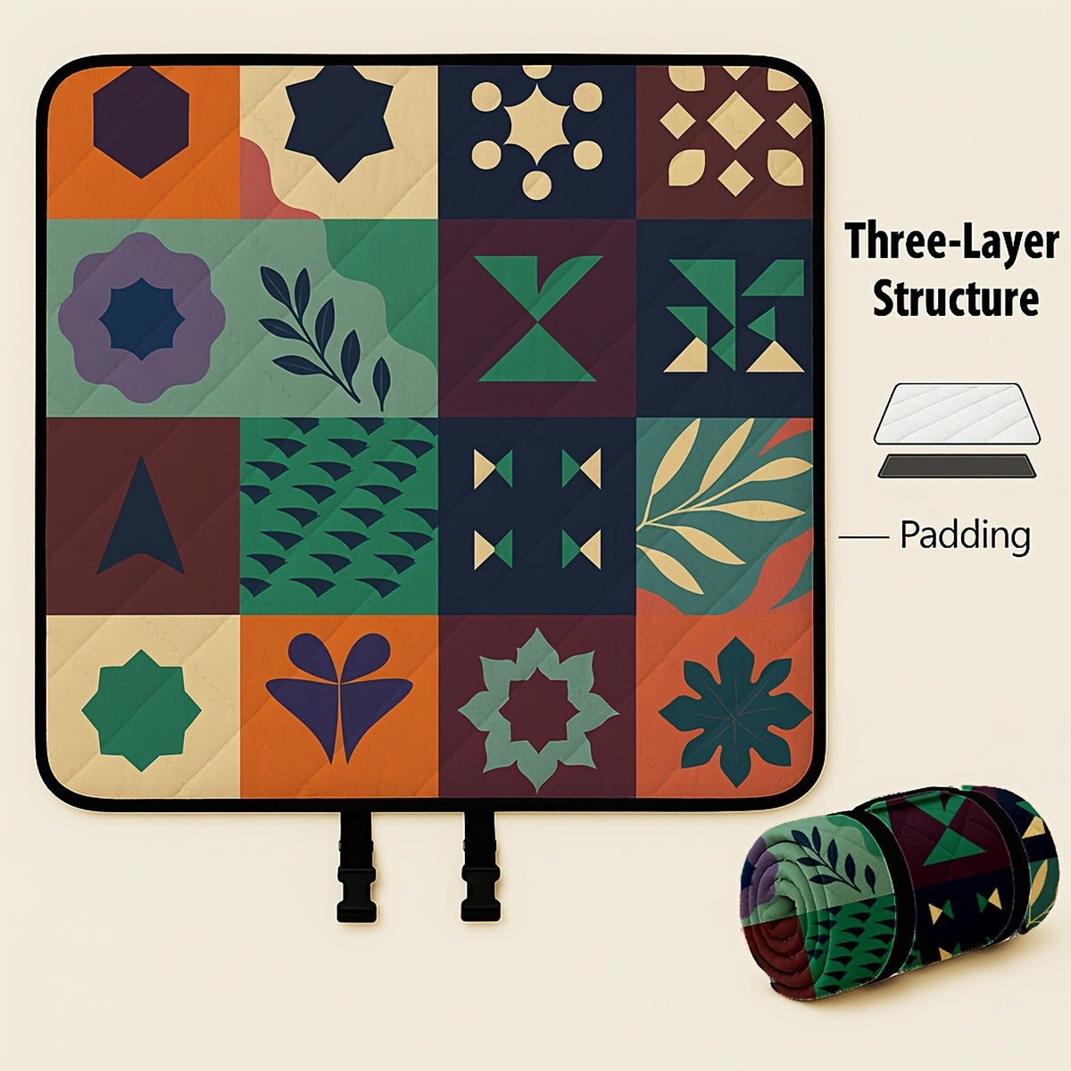 Large Padded Picnic Blanket with Carry Straps in Geometric, Palm-Village or Tropical Leaf Prints — image 3