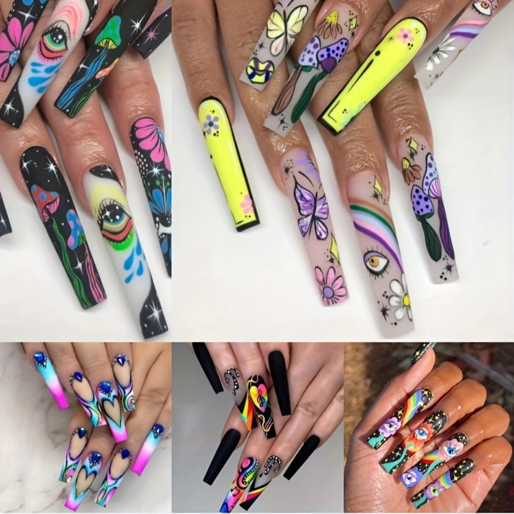 120-Piece Extra-Long Press On Nails Set in Five Boxes with Cosmic and Floral Designs — image 2