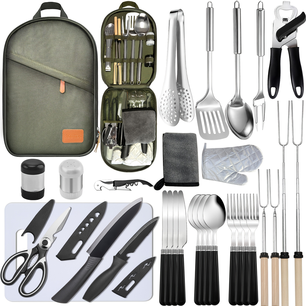 Camping Cookware Set, 31-Piece 304 Stainless Steel Camp Kitchen Tool Kit with Knives, Board and Organizer Bag — image 5