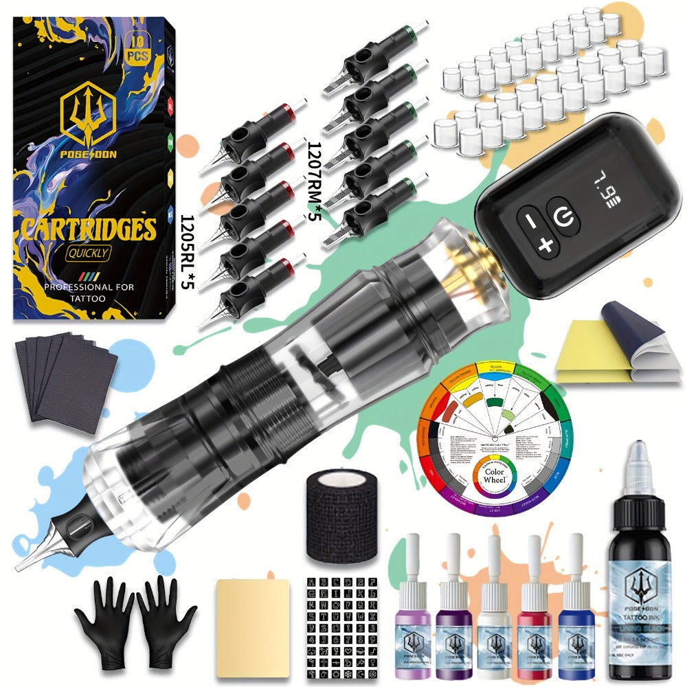 Tattoo Machine Kit POSEIDON PS090-161 Wireless Rotary Pen with 1400mAh Battery, Display, 10 Cartridges and 6 Inks — image 1