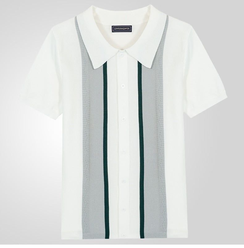 Summer New Men's Knitted Lapel Casual Striped Polo Shirt