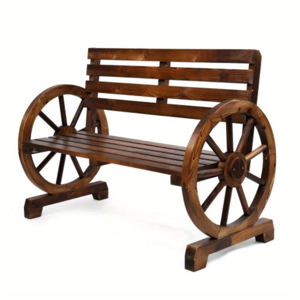 Outdoor Wooden Wheel Bench 3-Person Wagon Slatted Seat Weatherproof Porch Garden — image 1