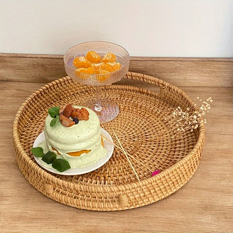Serving Tray Basket – Hand-Woven Round Rattan Organizer for Fruits Bread Snacks, for Home Cooking, Dining and Outdoor Meals —
