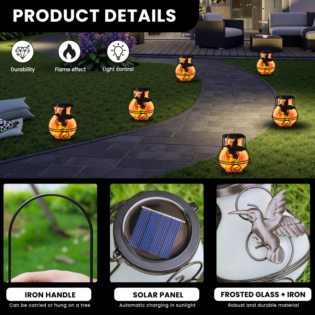 Solar Outdoor Lights Hummingbird Flickering Flame Hanging Lanterns, IP44, 2- or 4-Pack for Yard Decor — image 12