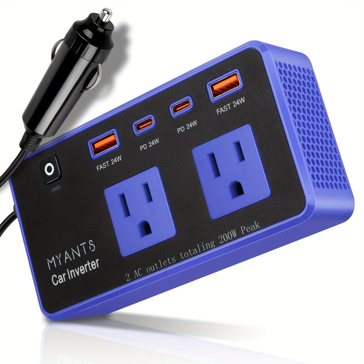 Car Inverter Charger 200W DC 12V to AC 110V with PD 24W USB-C QC 24W Quick Charge Car Plug Adapter US Socket for Vehicle Offi