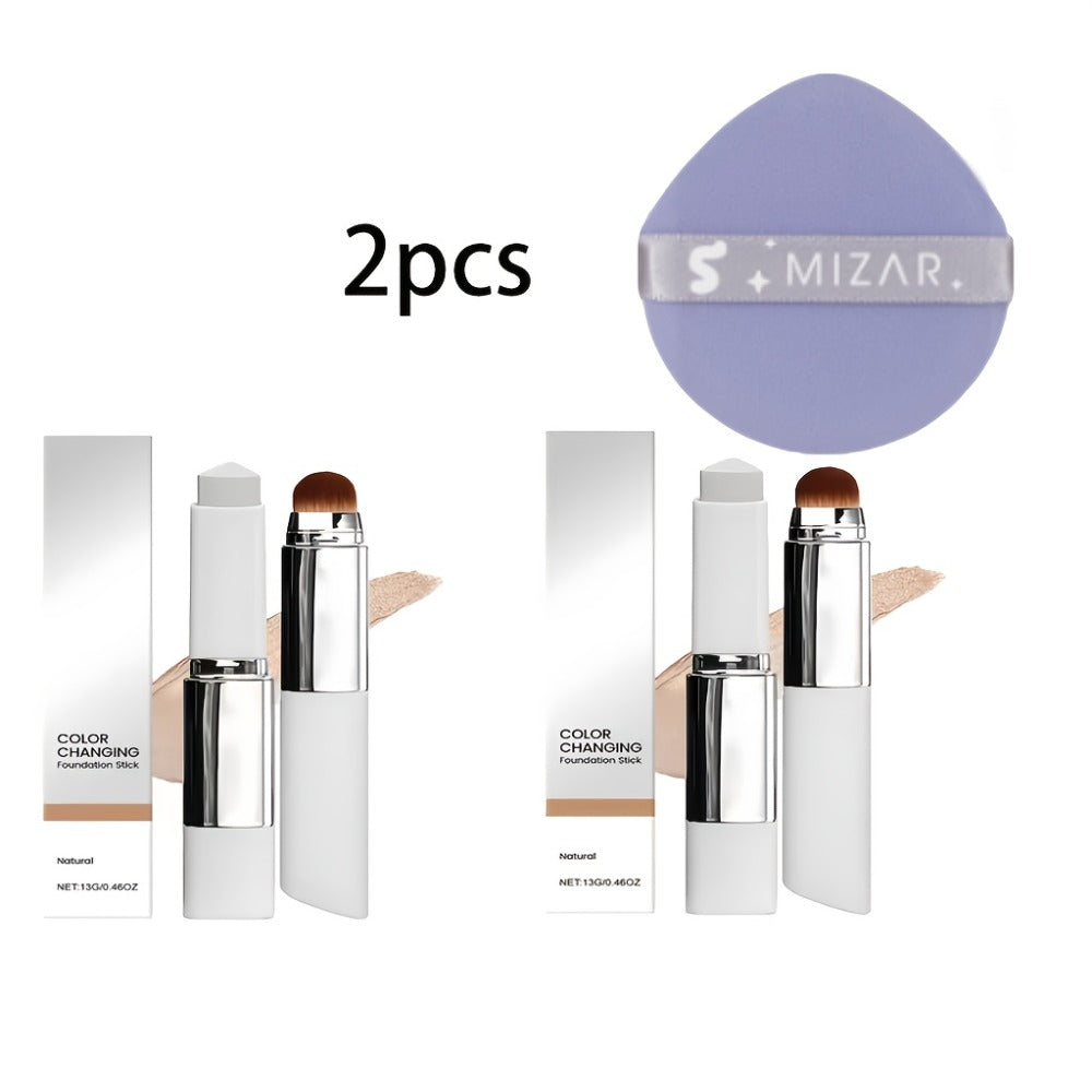 Skin Tone Adapting Color-Changing Foundation Stick 2-Piece with Built-In Brush & Puff – Lightweight Matte Finish Sheer to Bui