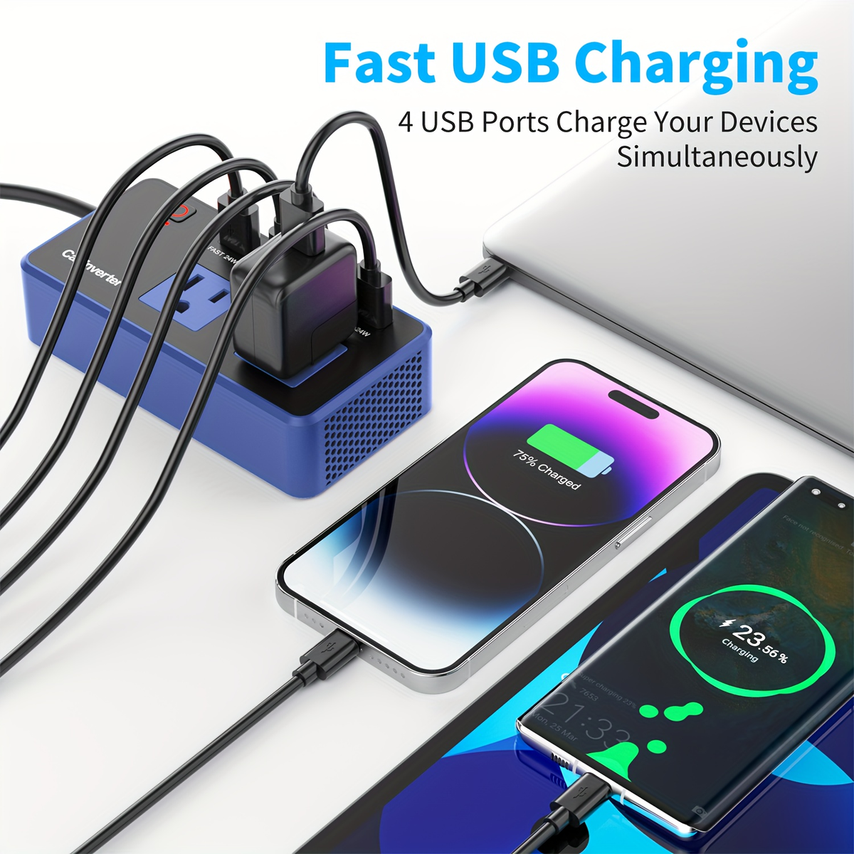Car Inverter Charger 200W DC 12V to AC 110V with PD 24W USB-C QC 24W Quick Charge Car Plug Adapter US Socket for Vehicle Offi