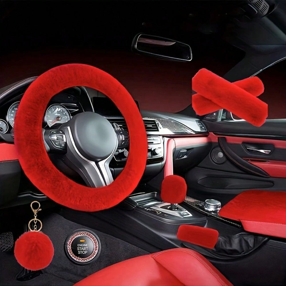 Plush Fluffy Steering Wheel Cover – Rex Rabbit Fur Texture, Universal Fit, 12 Colors (Black, Pink, Purple, Red & More) — imag