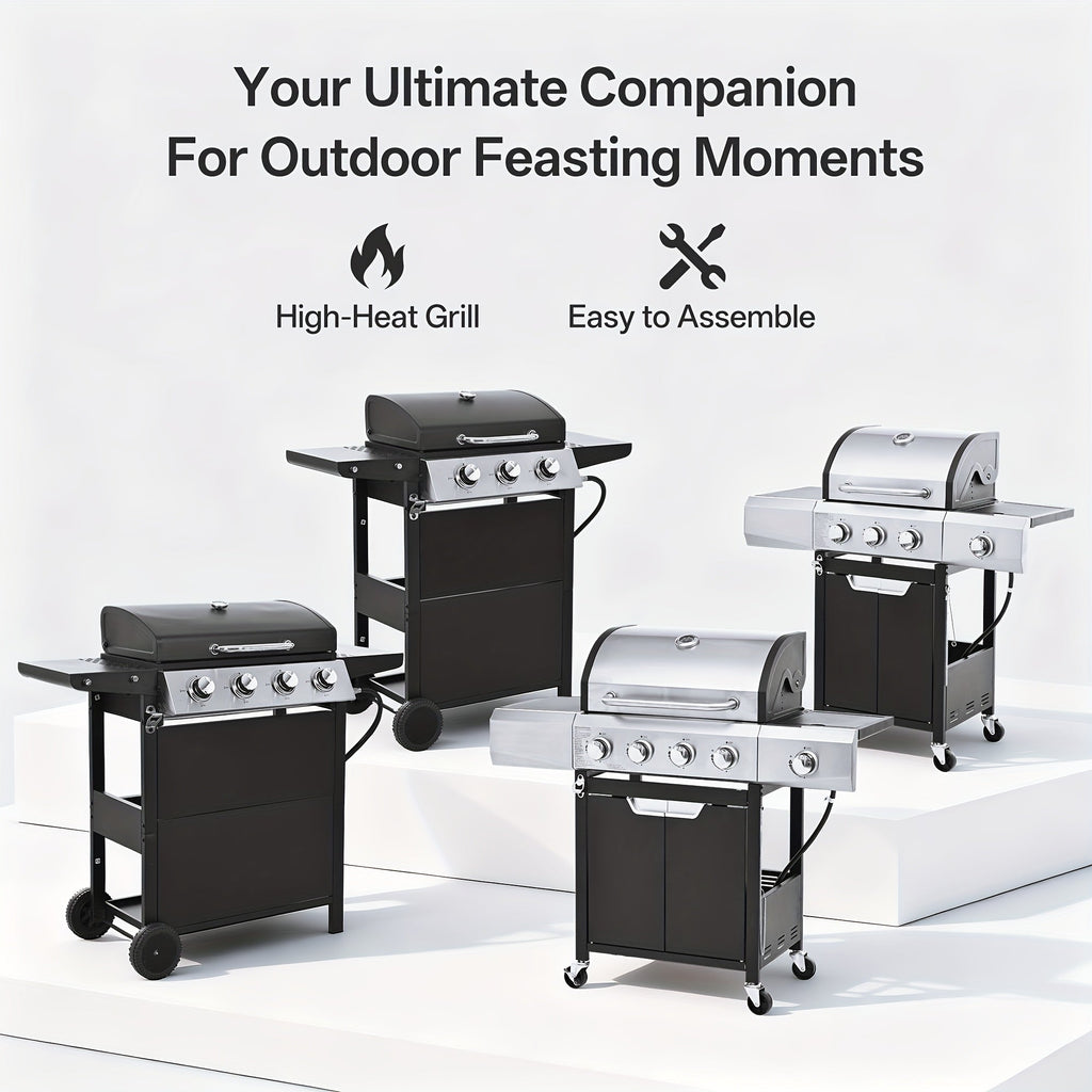 Propane Gas Grill Stainless Steel 3 & 4 Burner Outdoor BBQ Grill with Side Burner, Grill Cover & 344 Sq In Cooking Surface — 
