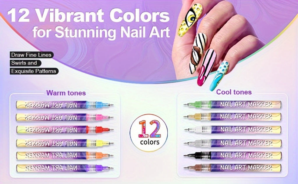 Nail Art Pens 12 Colors Quick Dry 3D Graffiti & Detail Brush Set – Ultra-Fine Precision Drawing Pen Kit for DIY Nail Design —