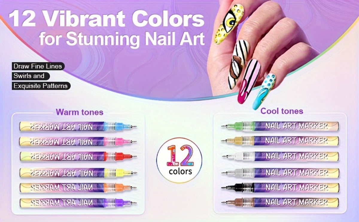 Nail Art Pens 12 Colors Quick Dry 3D Graffiti & Detail Brush Set – Ultra-Fine Precision Drawing Pen Kit for DIY Nail Design —