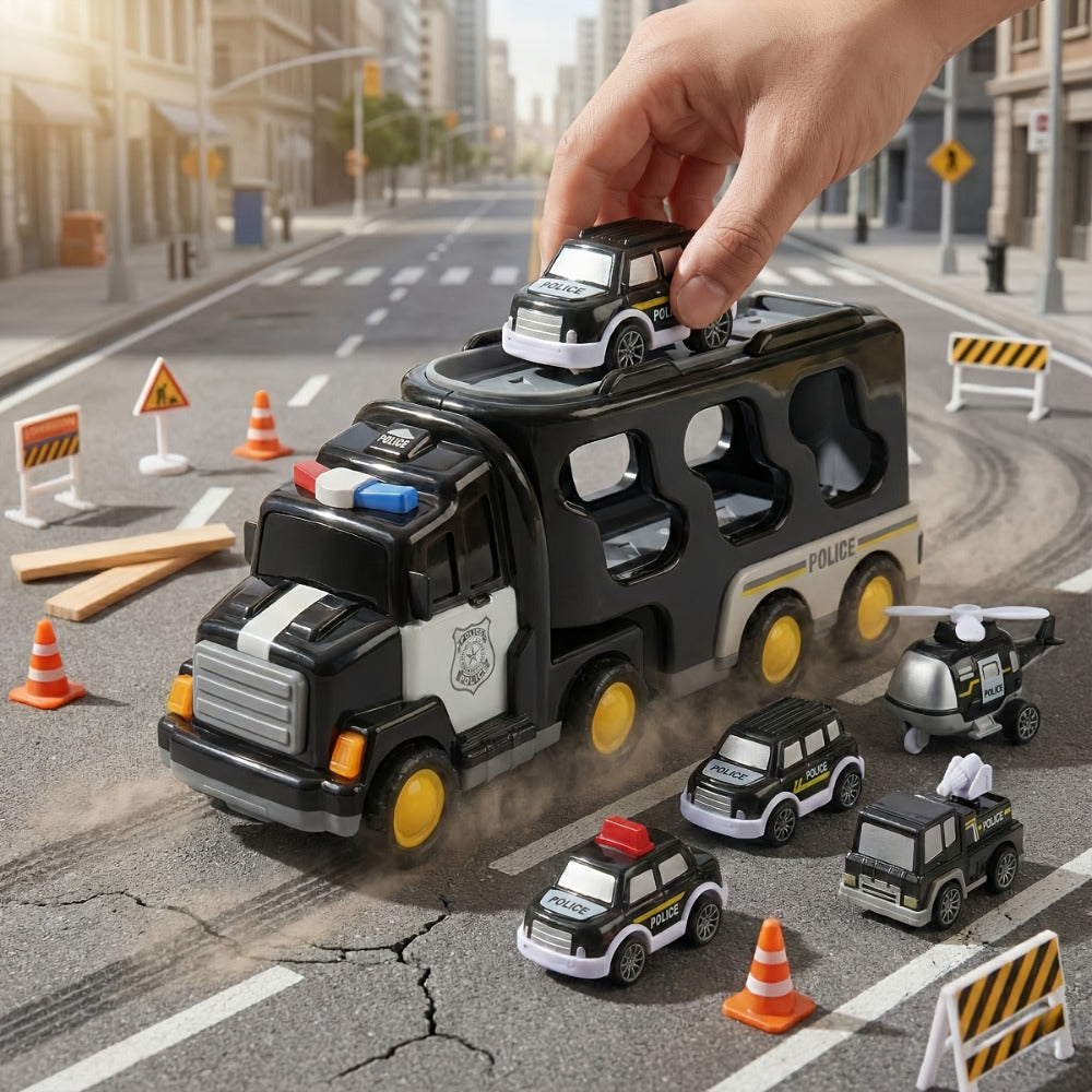 7-in-1 Kids Car Toy Set 7pcs with Playmat, Large Vehicle + 6 Mini Cars Ambulance Police Fire Truck Engineering — image 10