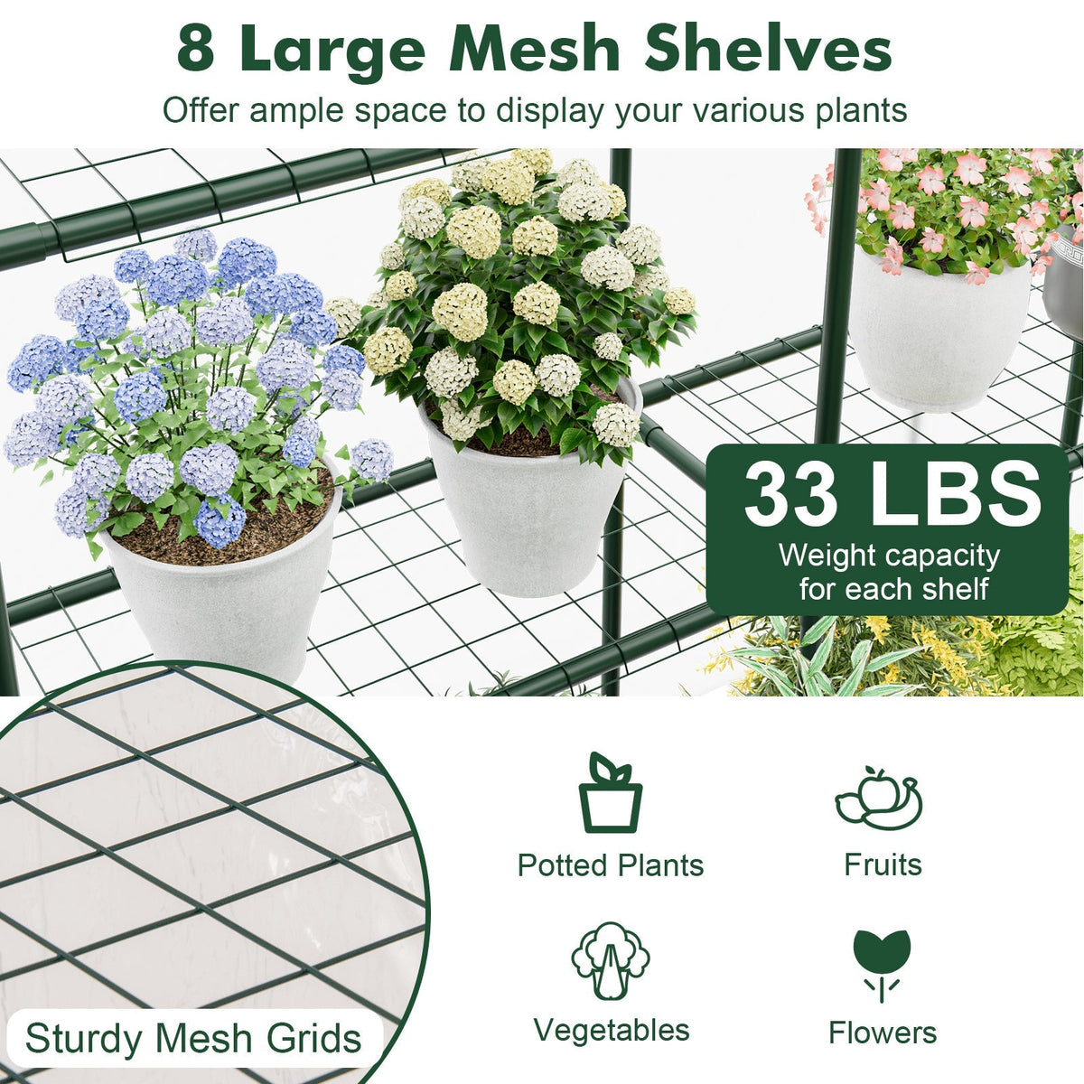 55 x 57 x 77-Inch Walk-In Greenhouse with Transparent Cover, Roll-Up Door and Eight Side Shelves — image 4