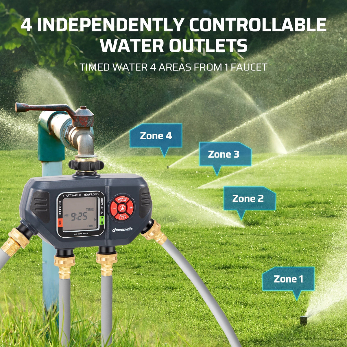 Four-Zone Digital Sprinkler Timer with Independent Water Outlets, LCD Screen, Manual Control and Rain-Delay Mode — image 2