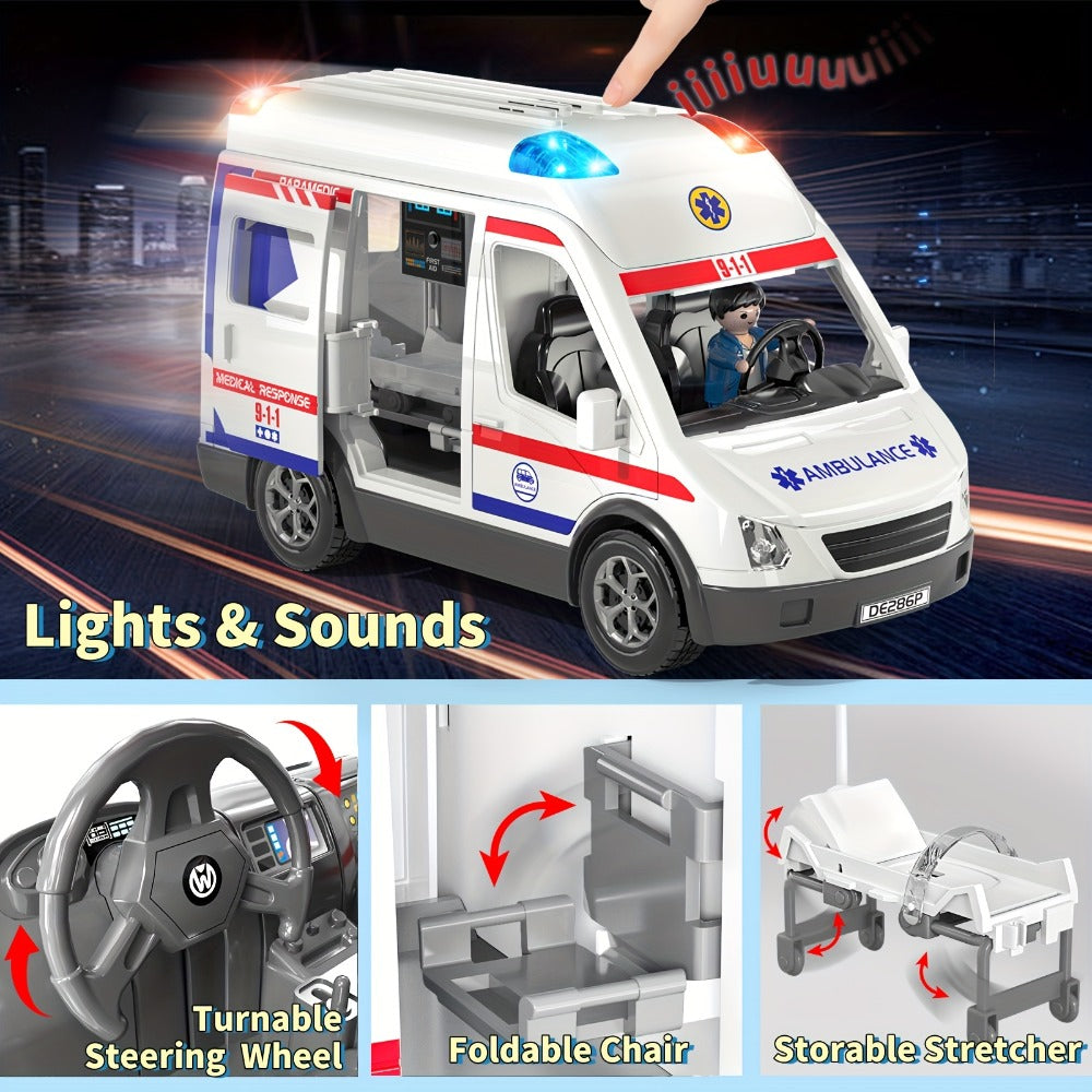 Ambulance Toy Playset for Kids Ages 3-8, Realistic Friction-Powered Emergency Vehicle with Flashing Lights & Siren Sound — im