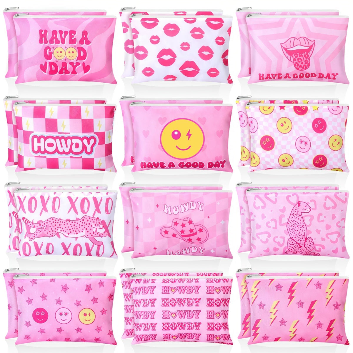 Bulk Cosmetic Bags 24-Pack Pink Howdy Western Zipper Makeup Pouches Party Favor Set for Women Girls Birthday Bachelorette Bri