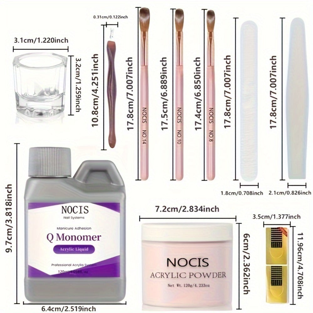 Acrylic Nail Kit NOCIS 120g Peach Pink Powder Set with Q Monomer, Brush Set, Nail File and Mixing Cup — image 4