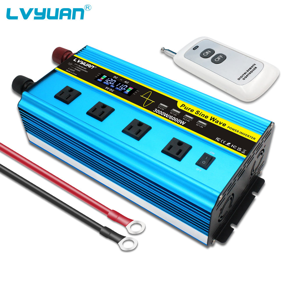 Blue 12V or 24V DC to 110V AC Power Inverter with LCD, Four AC Receptacles and Remote Presentation — image 6