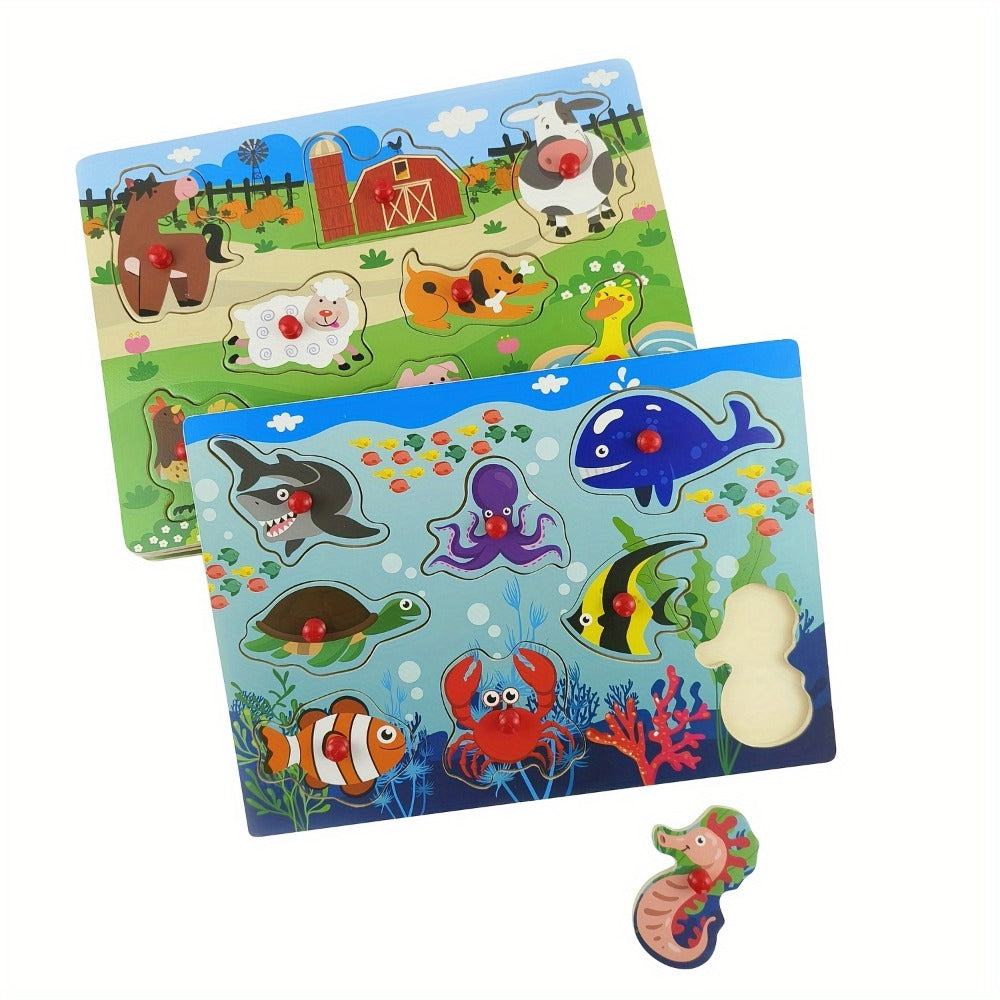 Four-Board Wooden Peg Puzzle Set with Colorful Animal Scenes and Red Knob Pieces for Matching Play — image 7
