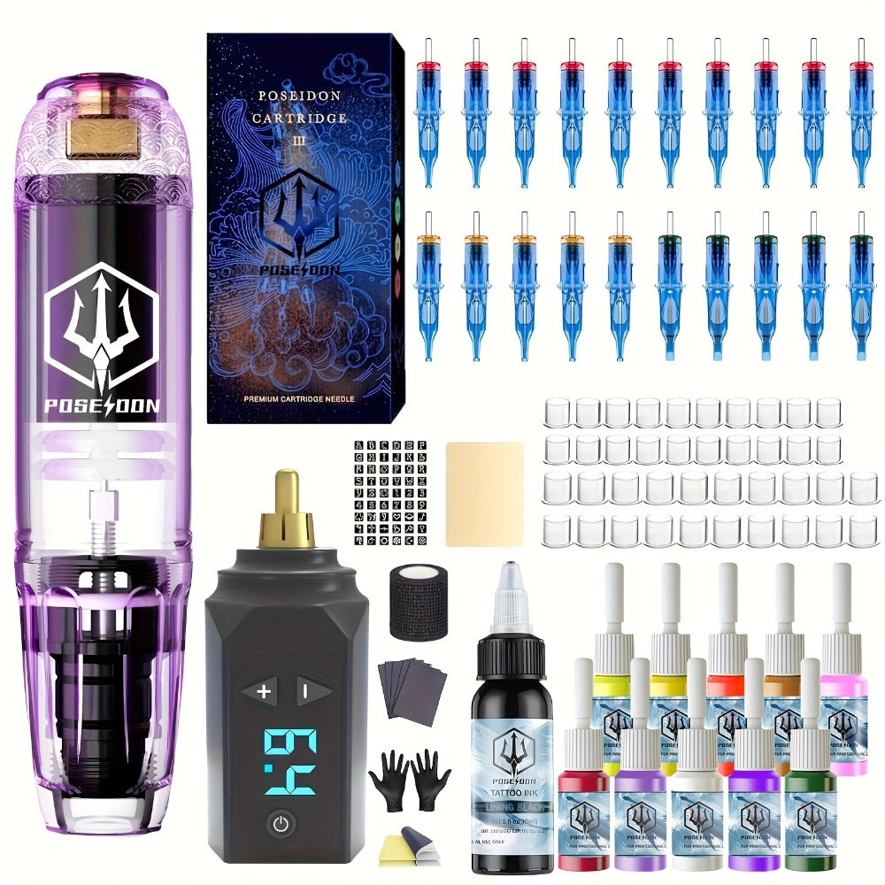 Tattoo Machine Kit POSEIDON TK039 Cordless Rotary Pen with LED Display, 20 Cartridges, 10 Inks and Practice Supplies — image 