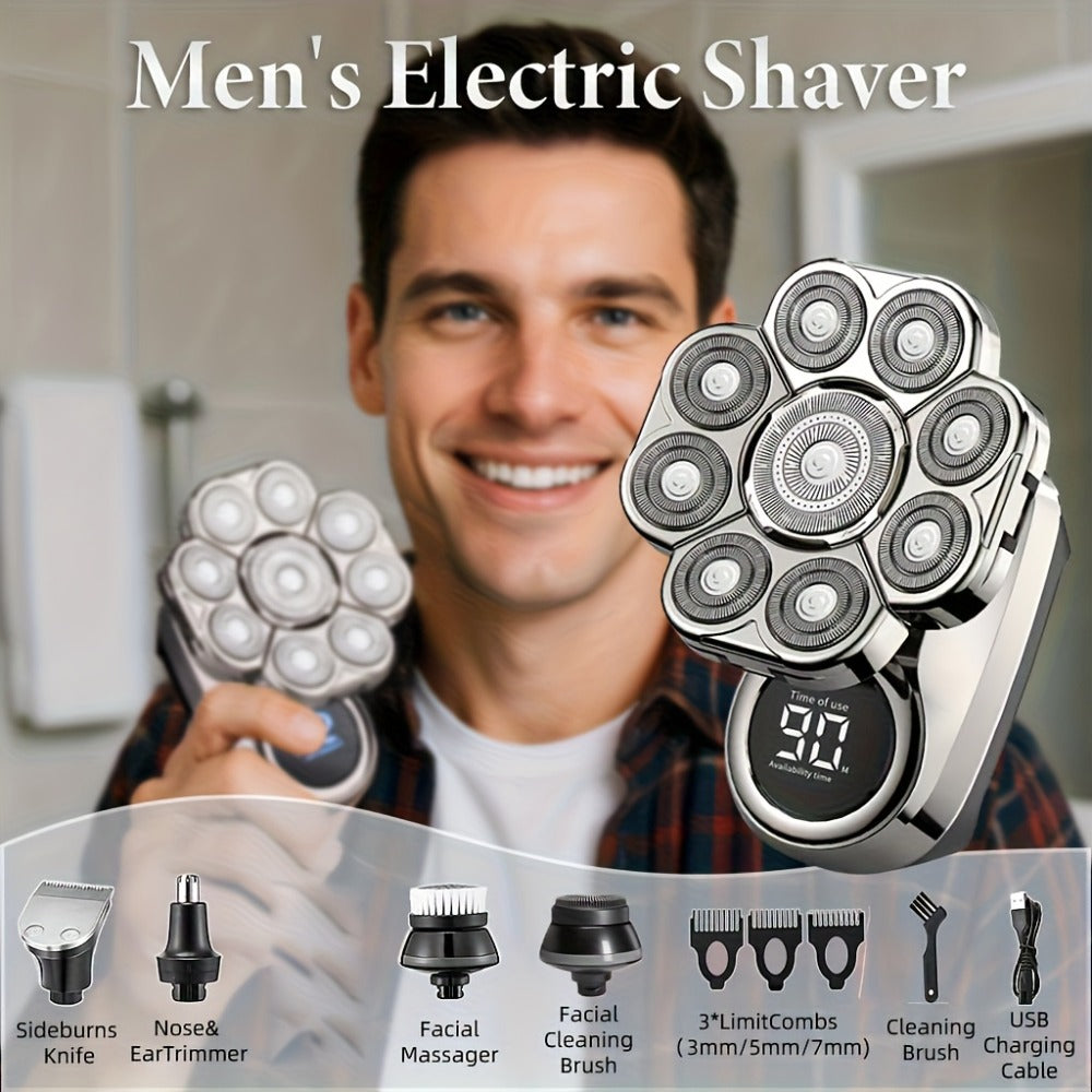 9D Floating Head Electric Razor for Bald Men 5-in-1 Grooming Kit Beard Trimmer Nose Hair Trimmer Facial Cleanser Body Groomer