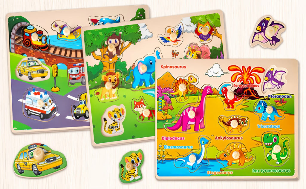 Six-Board Wooden Peg Puzzle Set with Metal Storage Rack and Scene or Animal Theme Checkout Options — image 10