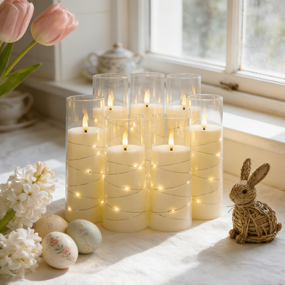 Flameless LED Candles with Remote Control Timer and Star String Lights Set of 5 or 7 Pillar Candles for Wedding Garden Home D