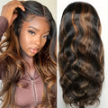 200% Density Lace Front Wig Human Hair Brown Highlights Long Wavy Pre-Plucked Glueless Heat, for Home, Travel and Salon Hair 