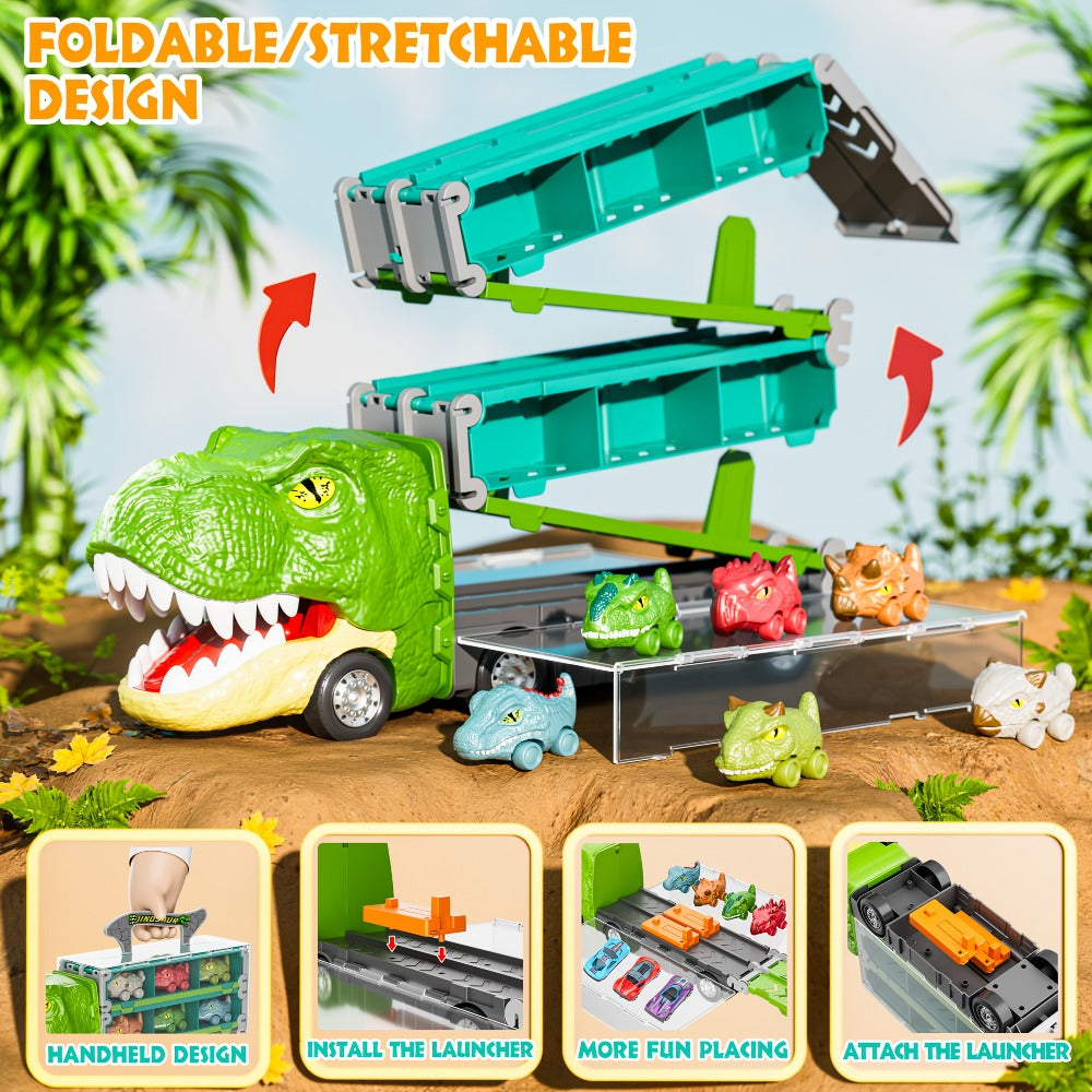Dinosaur Truck Toys 13-in-1 Transport Carrier with 63-Inch Foldable Race Track, 6 Dino Cars + 6 Die-Cast Cars — image 8
