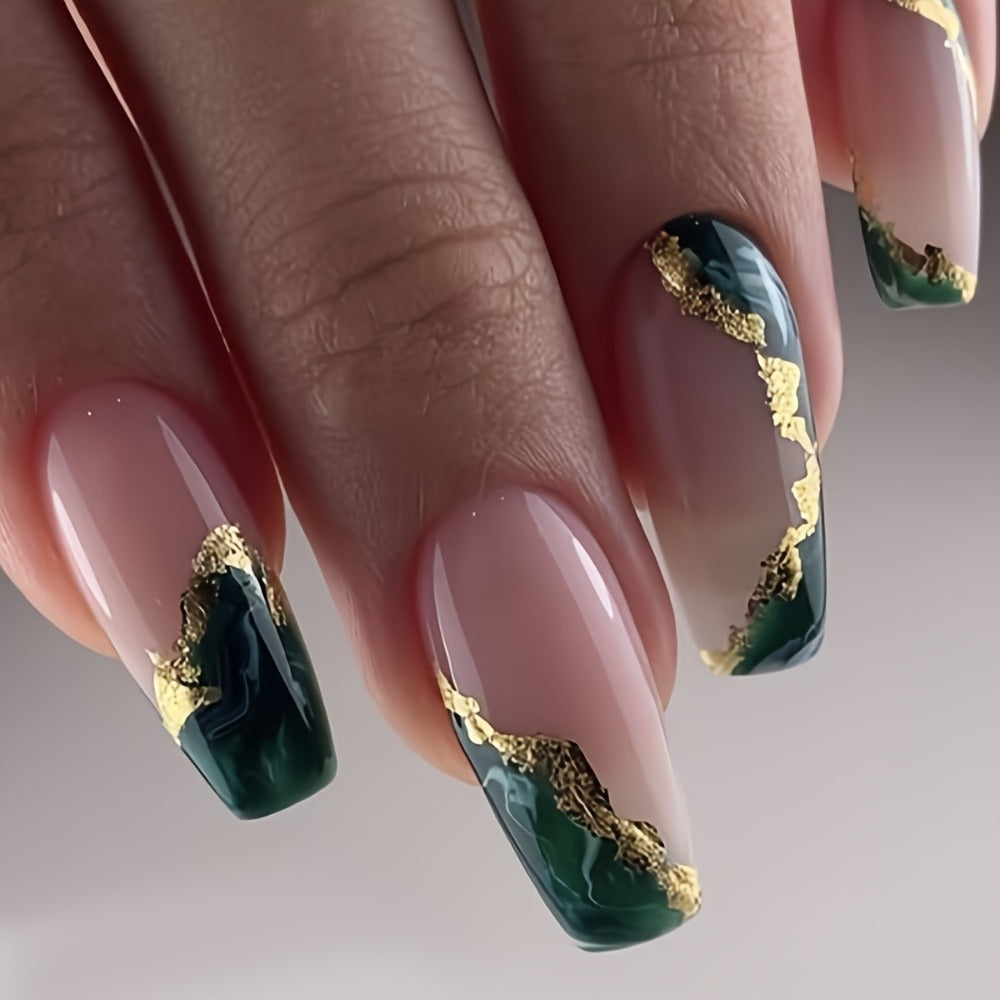 Press On Nails 144-Piece Medium Coffin Set with Blue Marble, Sequins and Included Nail Glue — image 11