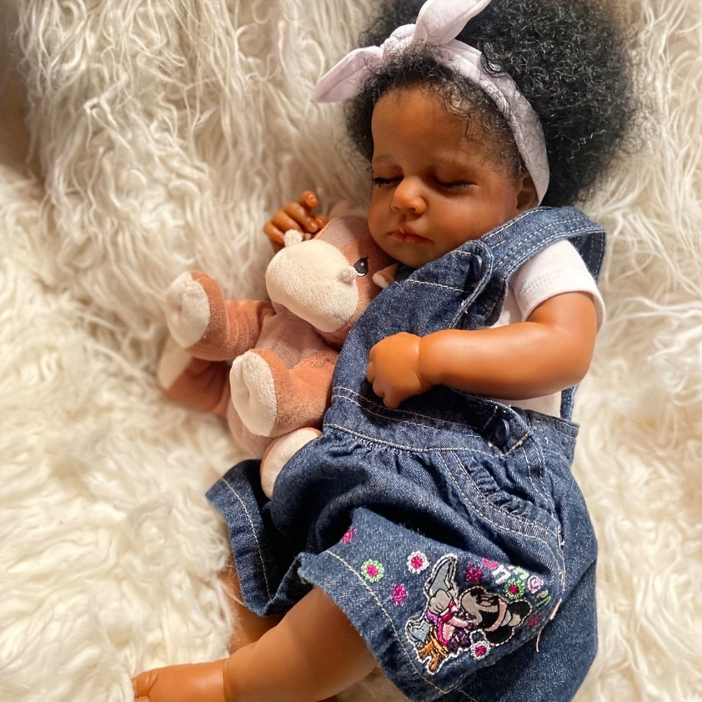 Reborn Baby Doll 19 Inch Curly Blue Hair with Sleeping Sounds Cloth Body & Lifelike Weight — image 7