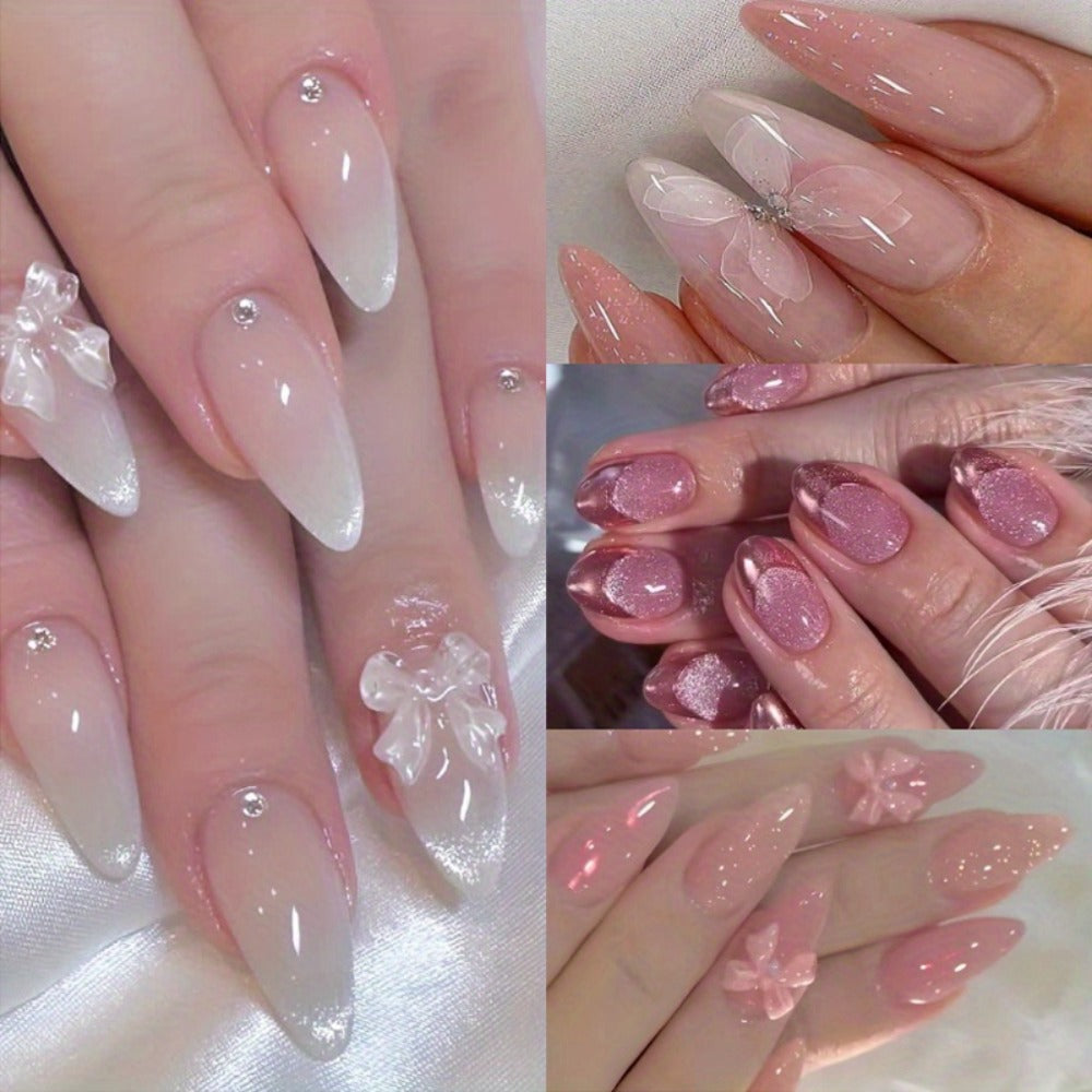 Press On Nails 96-Piece Almond Four-Pack Ice Pink Gradient Flower Butterfly Glossy Full-Cover Set — image 9