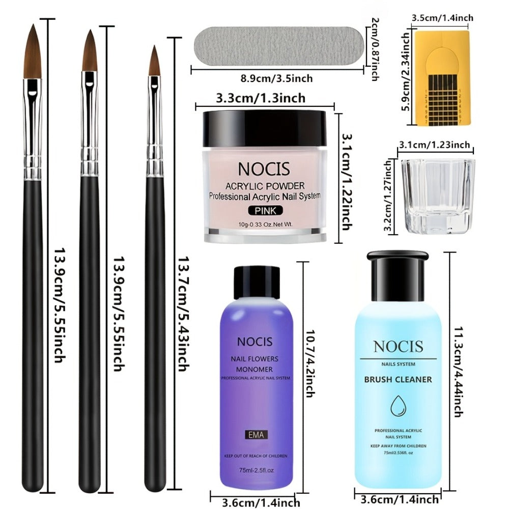 Acrylic Nail Kit NOCIS Three-Color Powder Set with Liquid Monomer, Brush Cleaner, Four Brushes and Mixing Cup — image 4