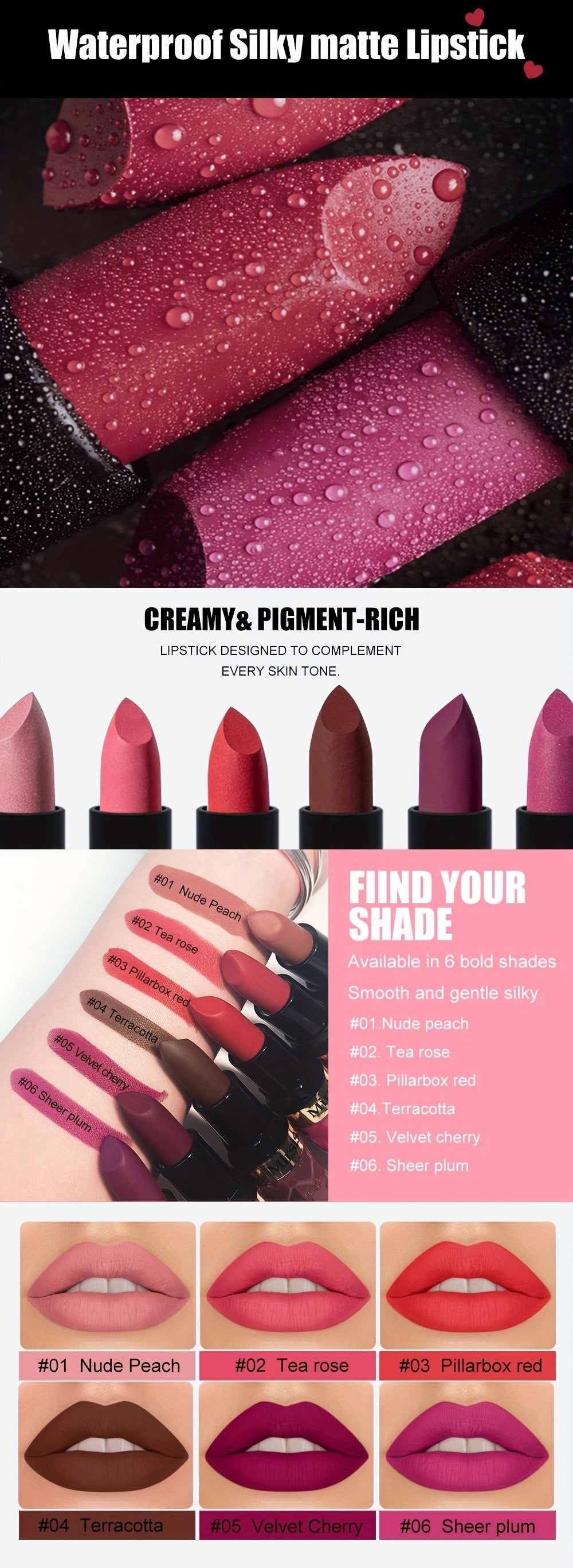 Lipstick Set, Mirsist 6-Piece Silky Matte Bullet Collection in Nude, Red, Brown, Berry and Plum Colors — image 12
