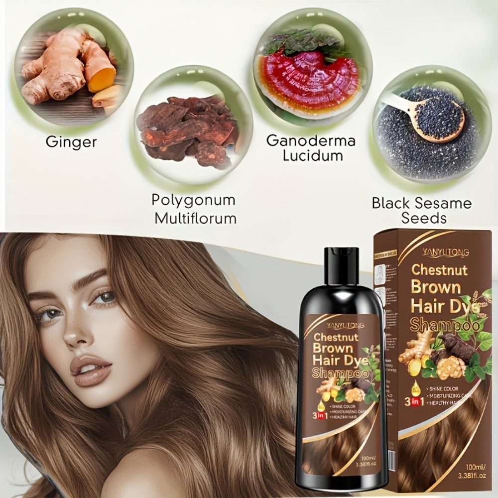 Hair Dye Shampoo Natural Plant Pigments, Fast Gray Hair Coverage in 1 Wash, 3.38oz Travel Size, Black Brown Chestnut Brown — 