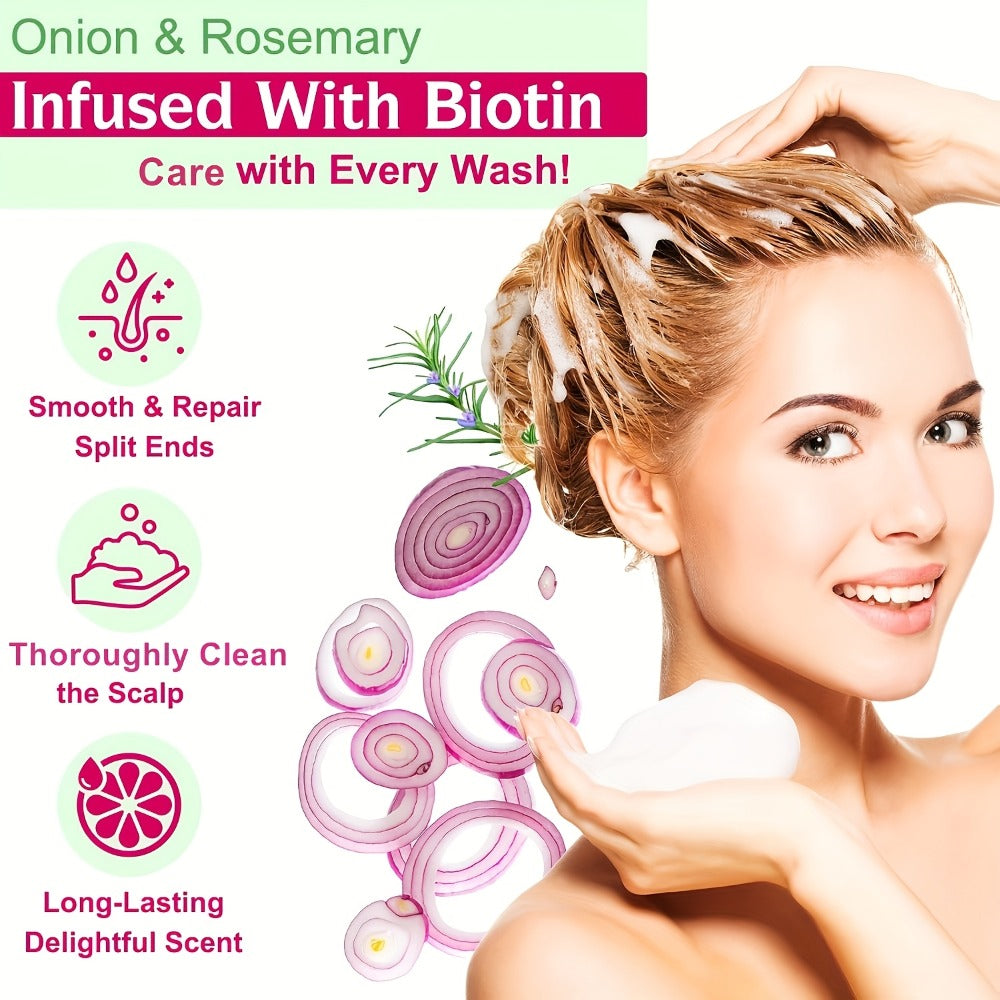 Onion, Biotin and Rosemary-Labeled Shampoo and Conditioner Set in Purple Pump Bottles with Jojoba Oil Wording — image 5
