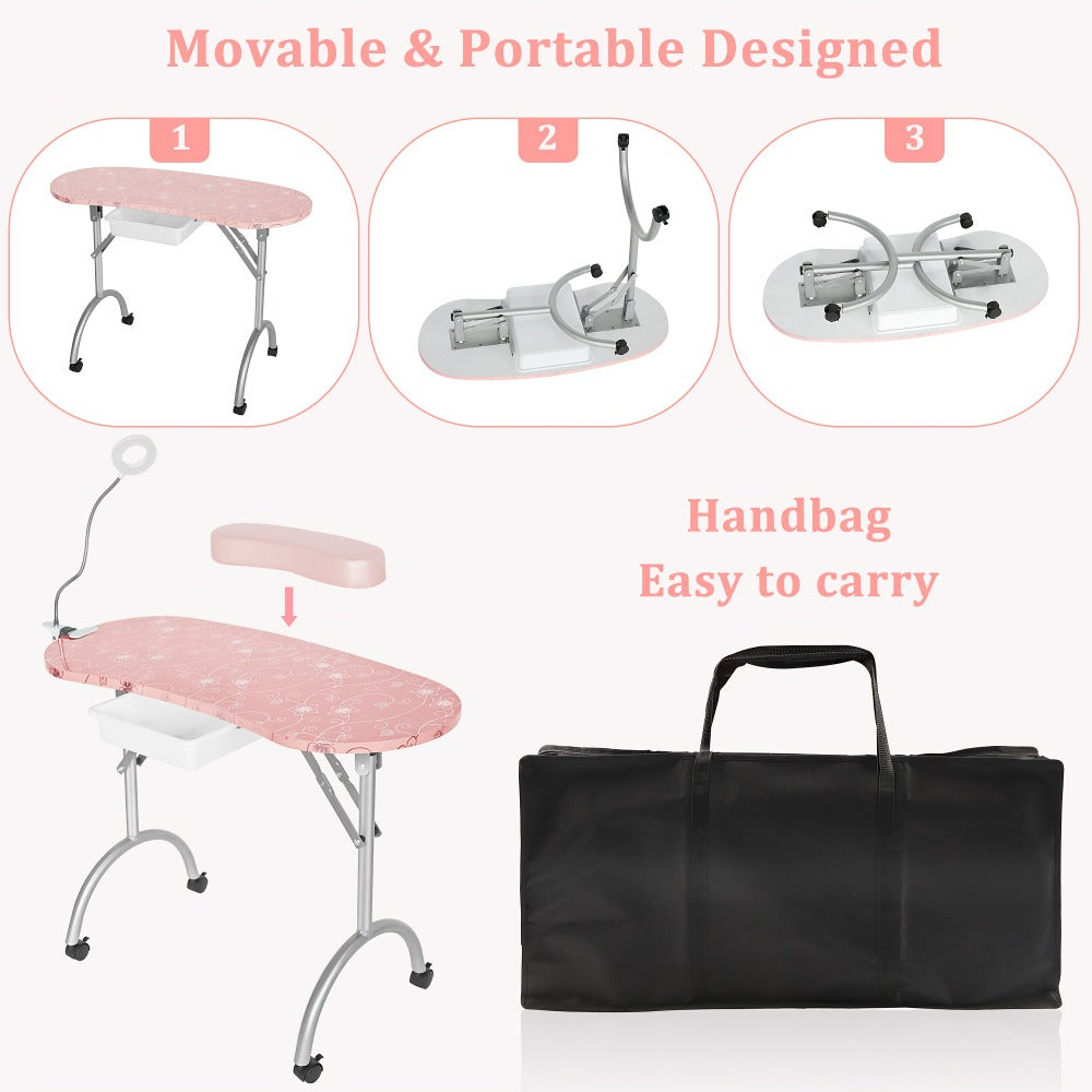 Foldable Nail Table with LED Lamp Drawer Lockable Wheels Wrist Cushion & Carrying Bag, Portable Manicure — image 9