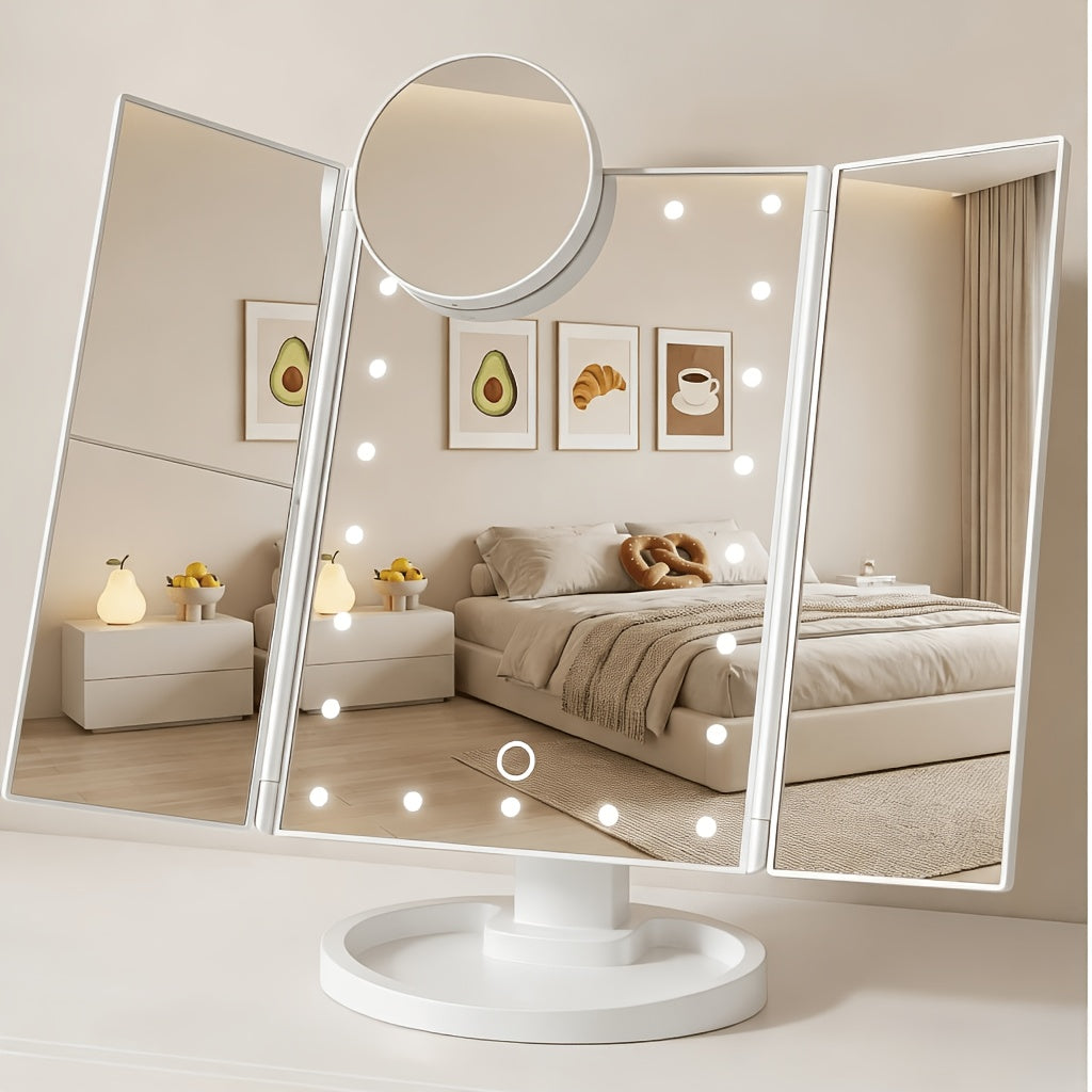 Vanity Mirror with Lights Tri-Fold 21 LED Lighted Makeup Mirror Touch Control 1X 2X 3X 10X Magnification 360 Rotation Dual Po