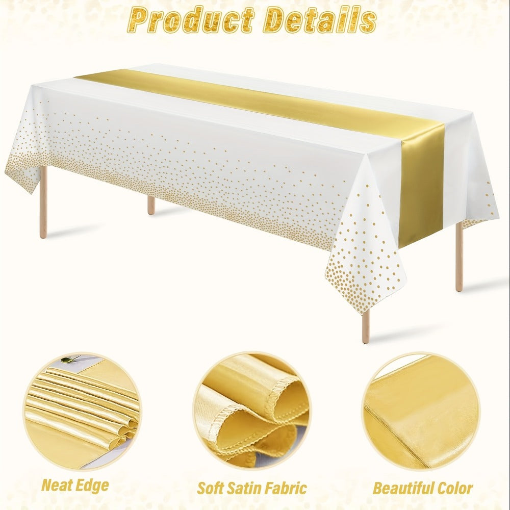 Disposable Tablecloth & Table Runner Set 10 Pack White Gold – Plastic Party Table Covers for Wedding Birthday Graduation Anni