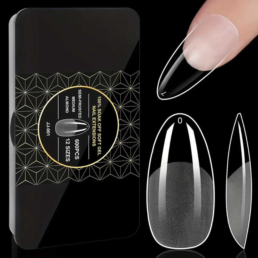 Gel Nail Tips 600 Pieces Clear Crystal Full Cover Nail Extensions – Almond Oval Coffin Stiletto Square Short Medium Long Soft