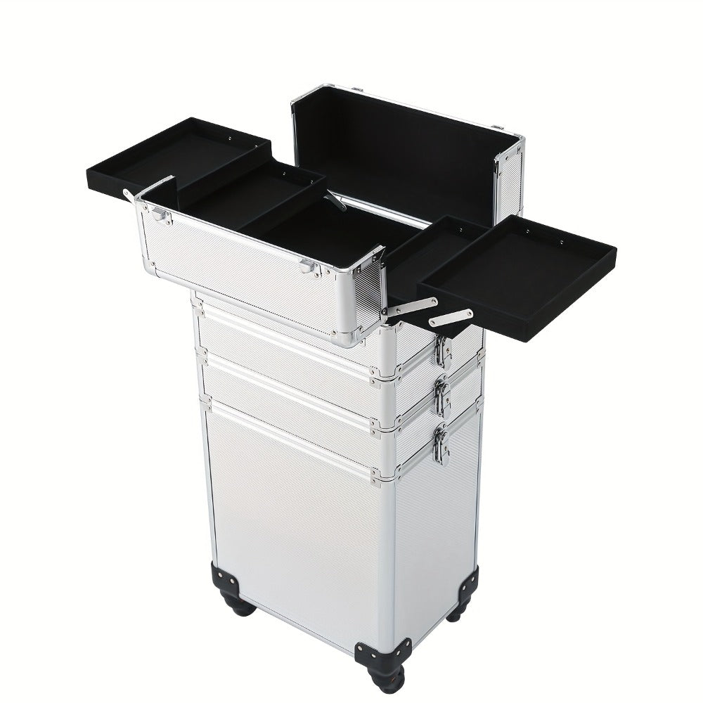 Rolling Makeup Case Aluminum 4-in-1 Extra Large Professional Cosmetic Trolley with 360° Swivel Wheels for Makeup Artist Tatto