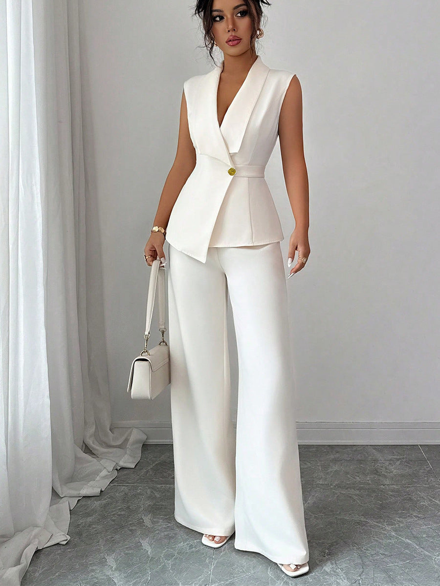 Solid Color Vest Straight-leg Trousers Suit For Women
