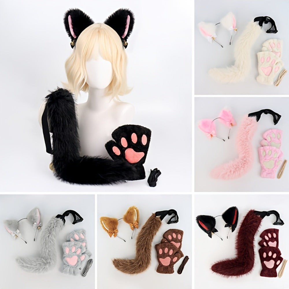 Cat Costume Set 3 Piece, Bell Ear Headband, Plush Paw Gloves & Adjustable Tail for Halloween, Cosplay — image 3