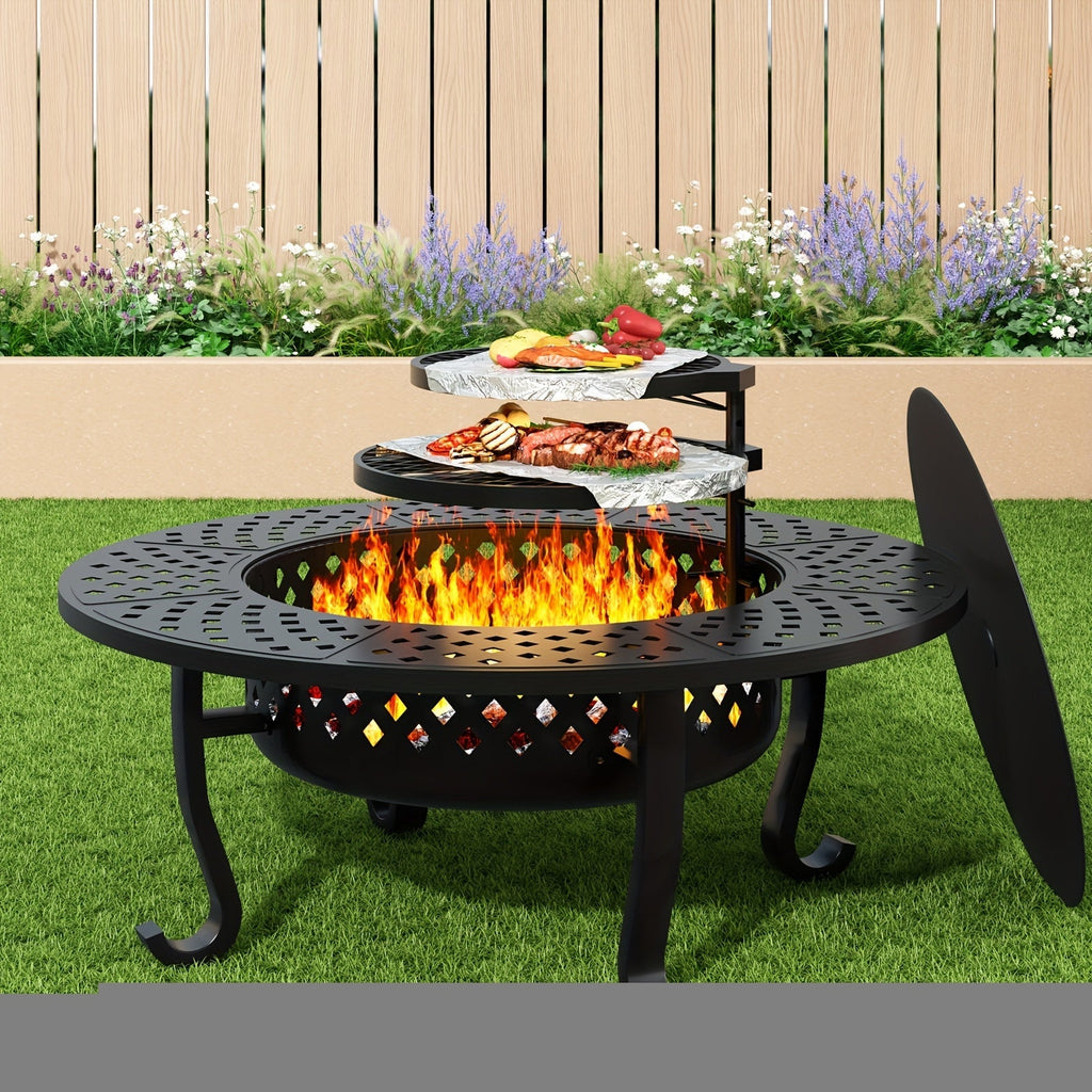 43-Inch Round Fire Pit Table with Two Cooking Grates, Center Lid, Perforated Bowl and Long Poker — image 1