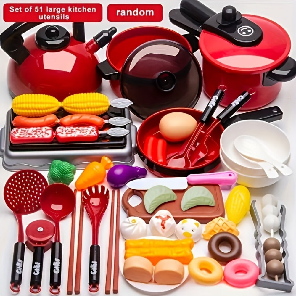 Pretend Play Kitchen Set for Kids, 51PCS Toy Cooking Utensils, Tableware & Play Food for Home Cooking, Dining and Outdoor Mea