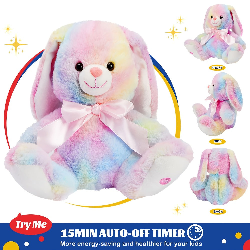 Musical Glowing Bunny Plush Toy 10 Inch, Rainbow Lop Ear Rabbit Stuffed Animal with LED Night Light & Lullaby Music for Toddl