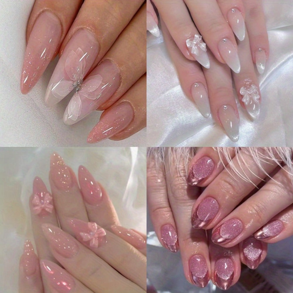 Press On Nails 96-Piece Almond Four-Pack Ice Pink Gradient Flower Butterfly Glossy Full-Cover Set — image 2