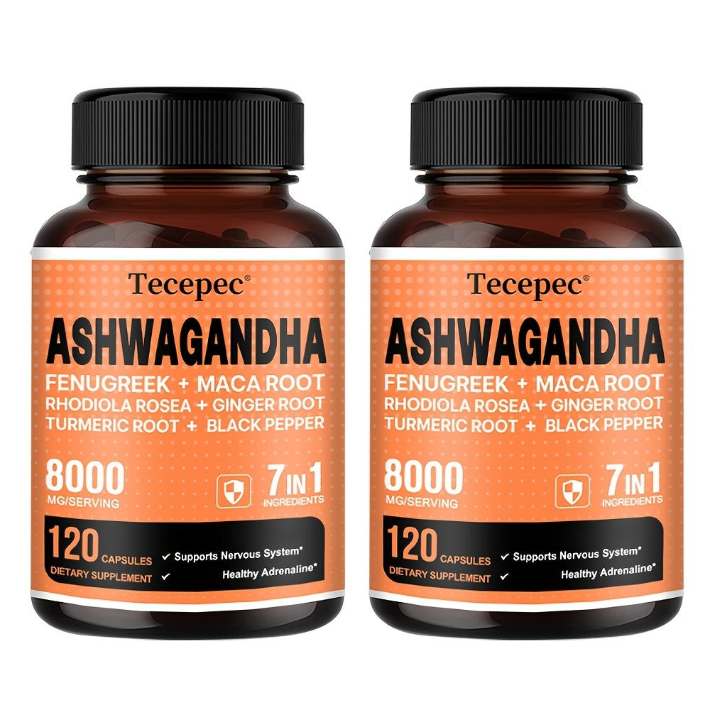 Ashwagandha Capsules 7-in-1 Adaptogen Blend 120ct with Maca Root Rhodiola Rosea Ginseng for Bath Time, Home Spa and Personal 