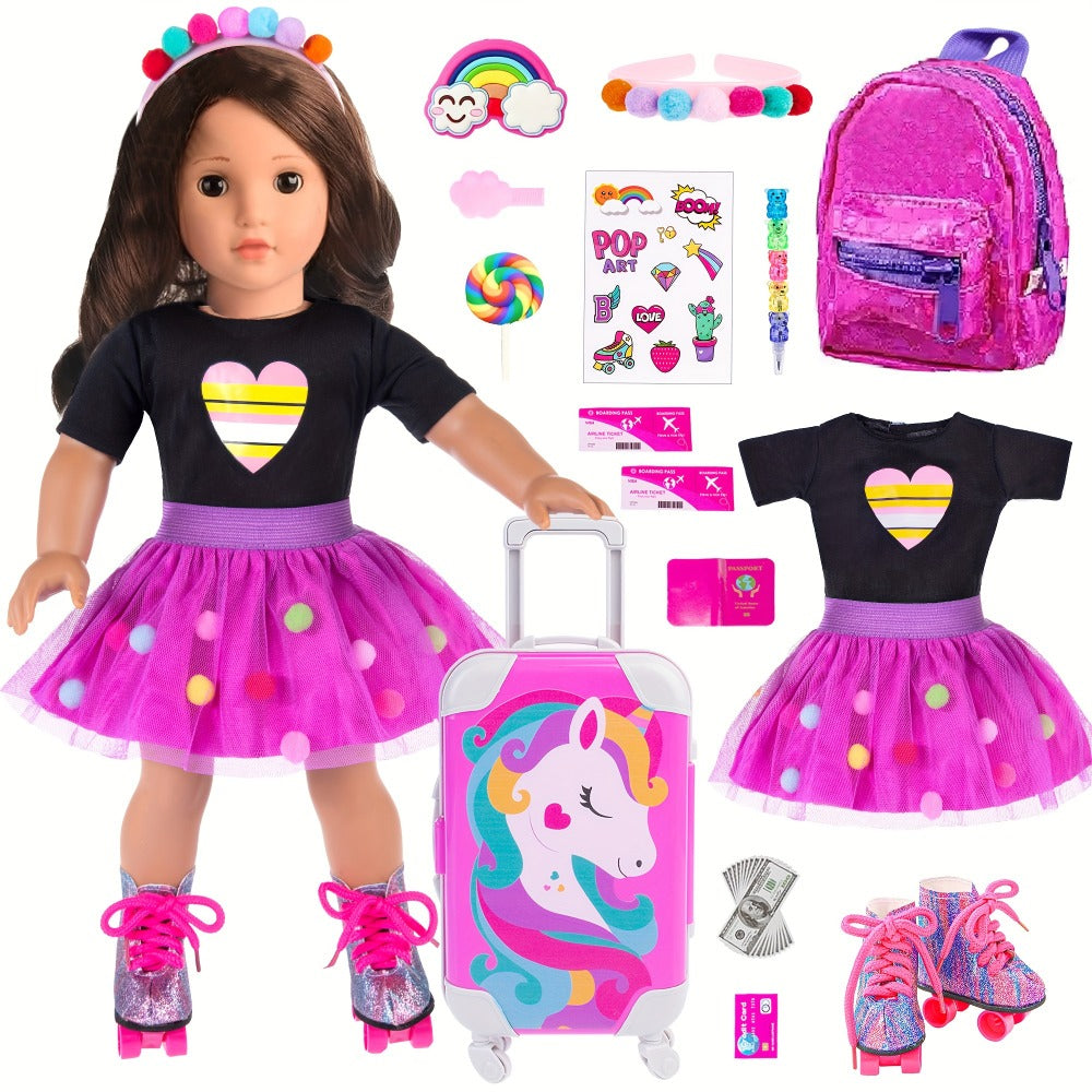 18 Inch Doll Travel Accessories Set 25 Pcs, Unicorn Suitcase Roller Skates Backpack Outfit Hairpins School Supplies — image 1